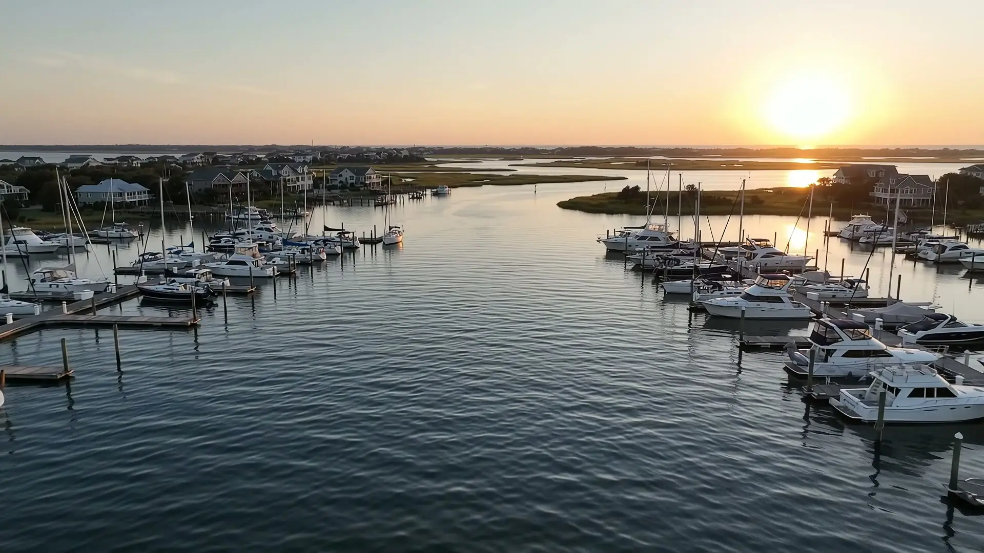 Sunset over a coastal marina, a representative harbor scene