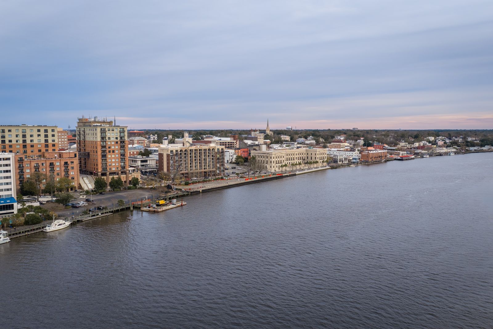 Aerial view of downtown Wilmington, North Carolina, along the Cape Fear River at dusk