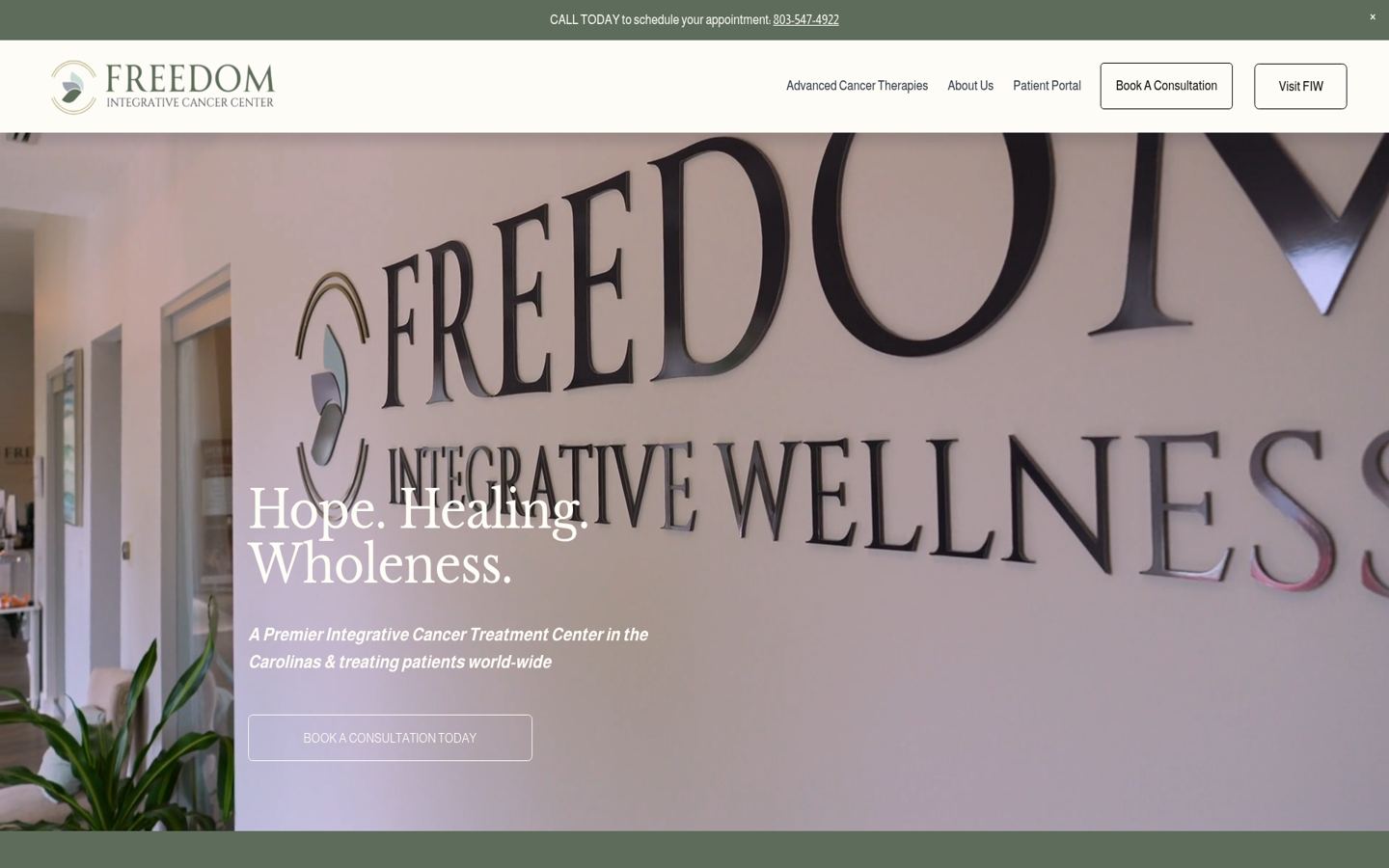 Homepage of the Freedom Integrative Cancer Center website